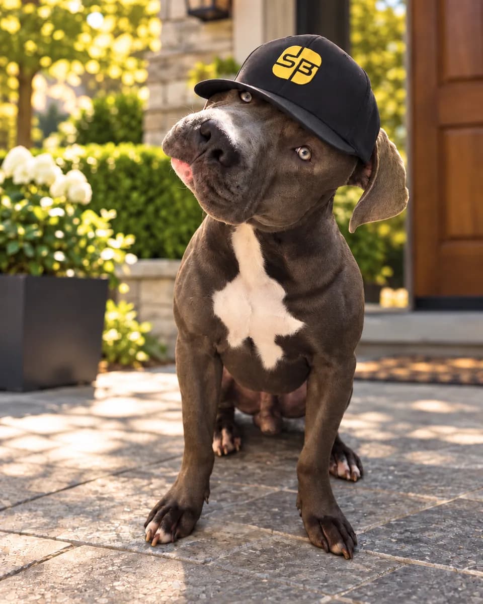 Makkaroni, the SB-Elektronik dog, wearing an SB cap at the entrance