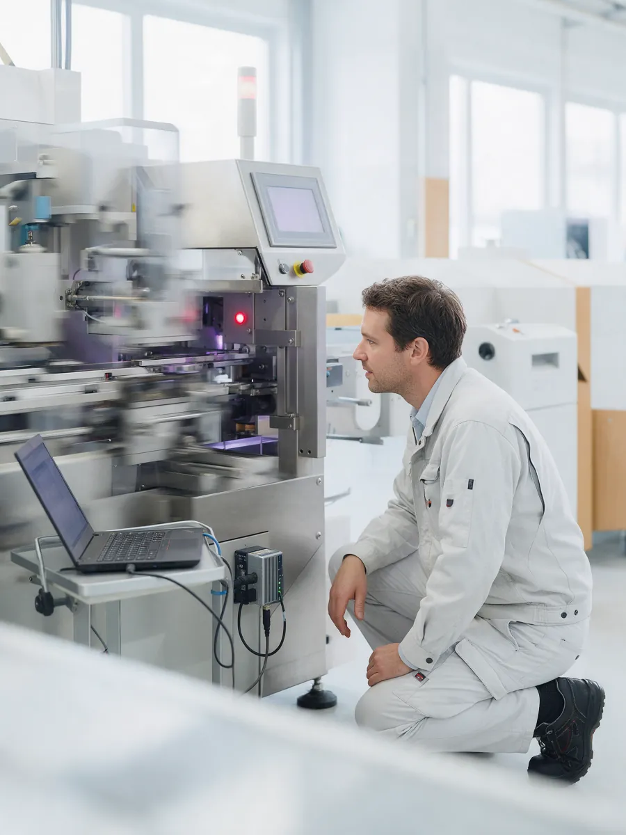 Ingenieur kniet mit Laptop an einer laufenden Produktionsmaschine
