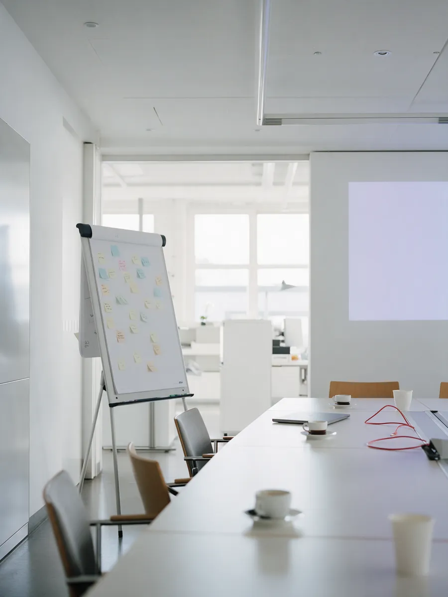 Leerer Besprechungsraum mit Flipchart voller Haftnotizen